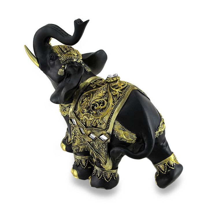 Exotic Black And Gold Finish Trunk Up Thai Elephant Statue