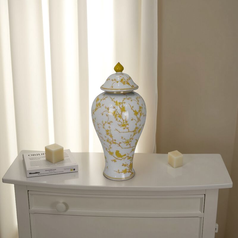 Chris Lidded Accent Jar, Yellow Bird and Floral, White Ceramic 20 Inch - Benzara