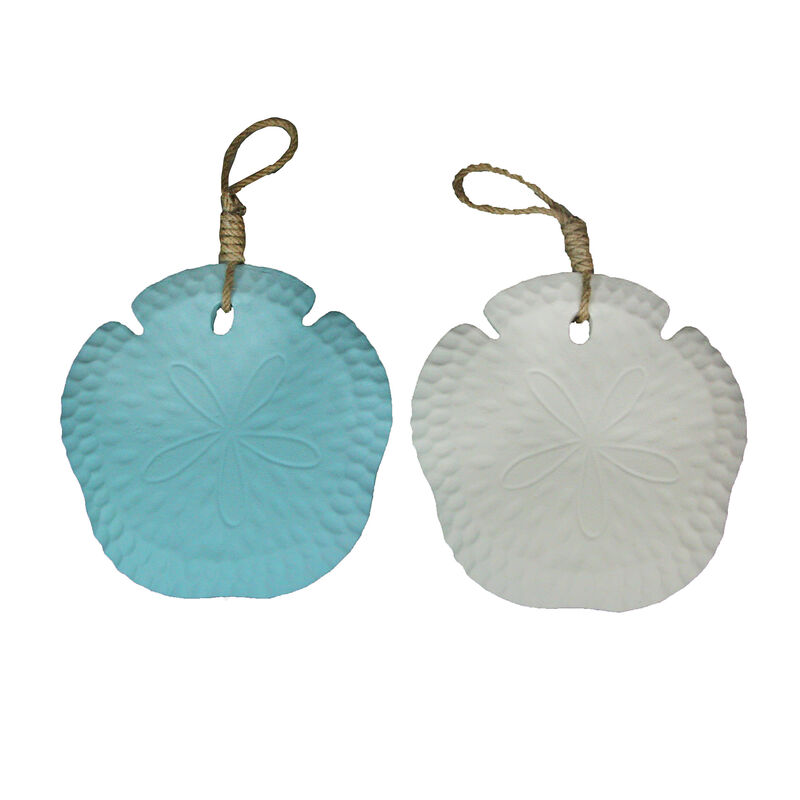 Set of 2 Wooden Sand Dollar Wall Hangings &ndash; Coastal Blue and White Decorations image number 0