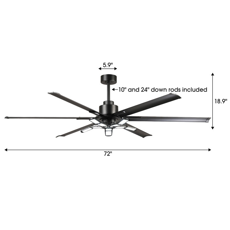 72" Modern Matte Black 6-Aluminum Blades Reversible Ceiling Fan with Light and Remote