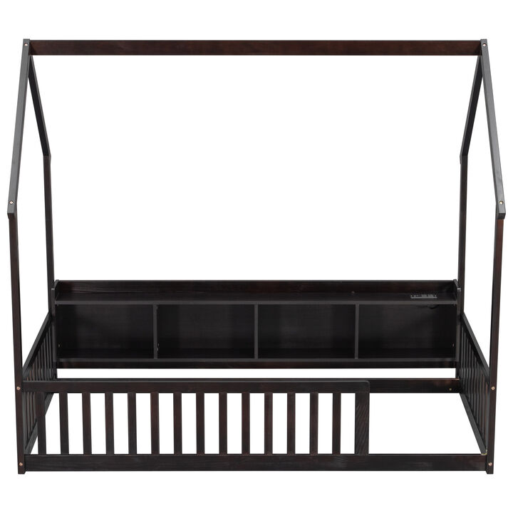 Whisen Twin Size House Floor Bed with Storage Shelves, LED Lights & Charging Station, Pine Wood Kids Platform Bed with Guardrails