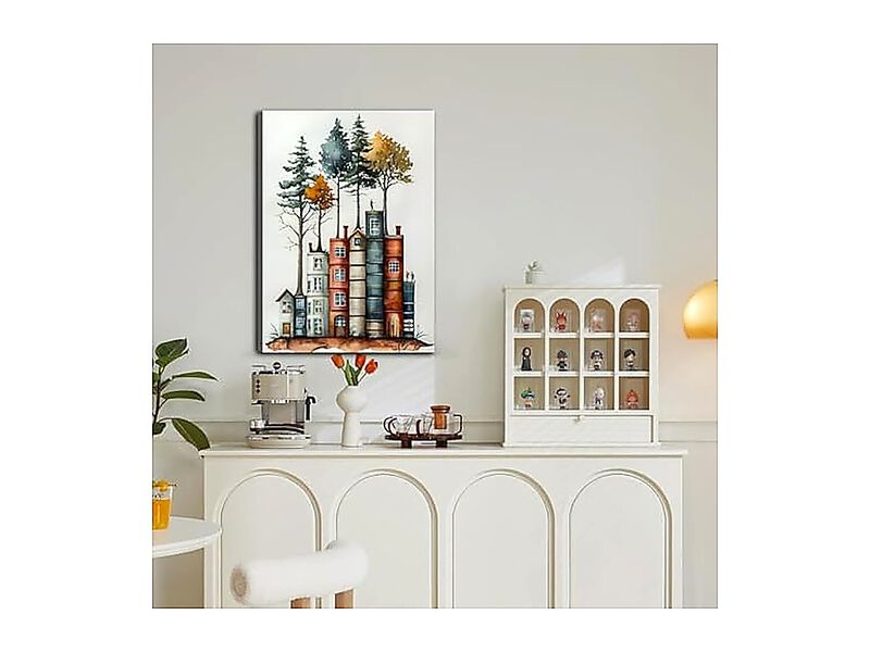 Framed Canvas Wall Art Reading Book Lover 12inx16in Colorful Stacked Houses Tree image number 1