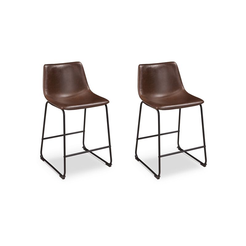 Tia Counter Height Chair Set of 2, Brown Faux Leather, Bucket Seat - Benzara
