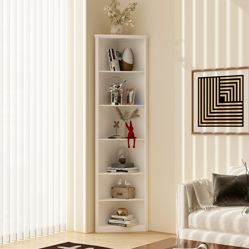 FUFU&GAGA Modern Book Shelf Set of 2, 6 Tiered Corner Shelves, Small Corner Bookshelf for Small Spaces, Adjustable Tall Bookcase for Bathroom, Living Room, Office,(13.9" L x 13.9" W x 78.7" H), White