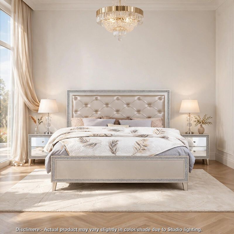 3pc King Bedroom Set, Upholstered Design, Silver, 2 Nightstands image number 8