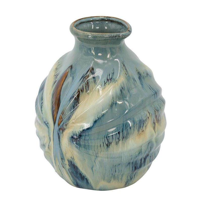 HomeRoots 11" Blue Beige And Brown Abstract Round Ceramic Table Vase image number 4