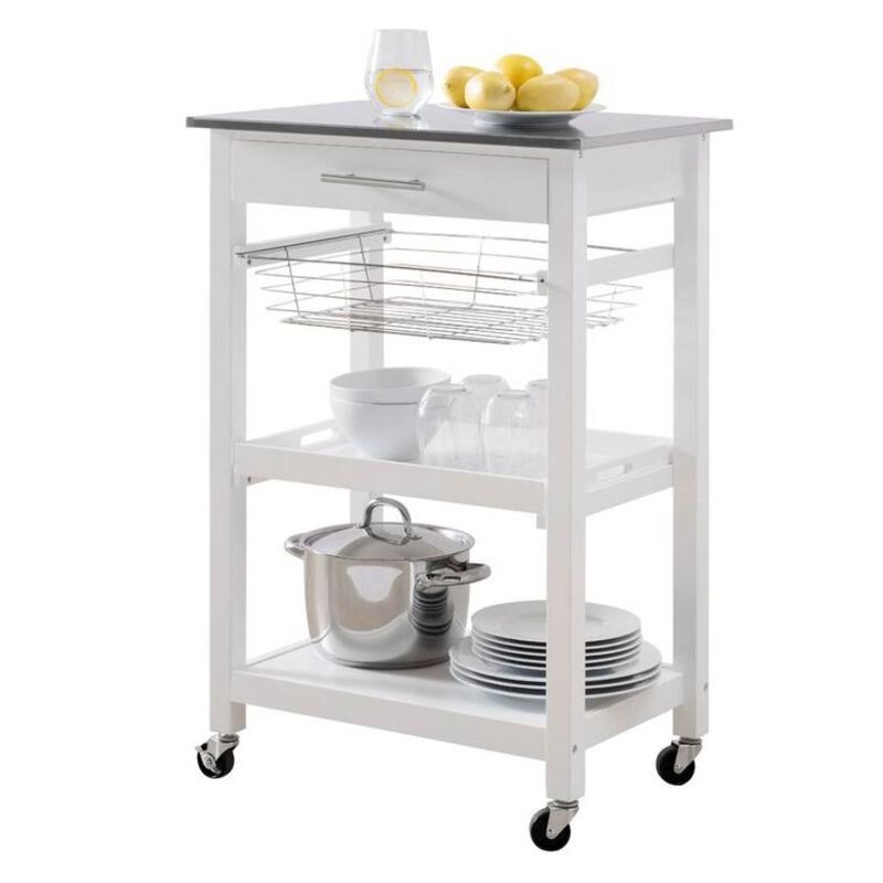 Hivvago White Stainless Steel Top Kitchen Cart with Drawer and Storage Shelves
