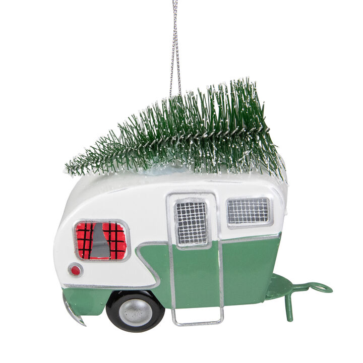 4.25" Green and White RV Camper Van with Tree Christmas Ornament
