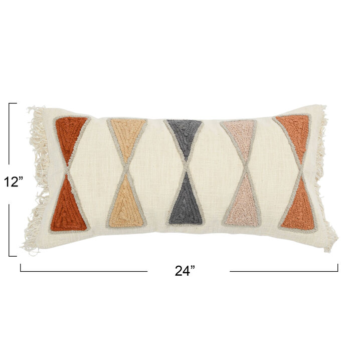 Embroidered Cotton Lumbar Pillow with Fringe, Terracotta Multicolors