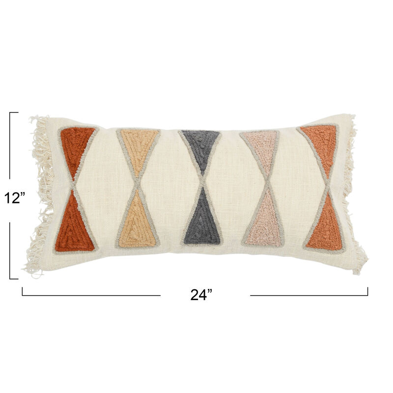 Embroidered Cotton Lumbar Pillow with Fringe, Terracotta Multicolors image number 1
