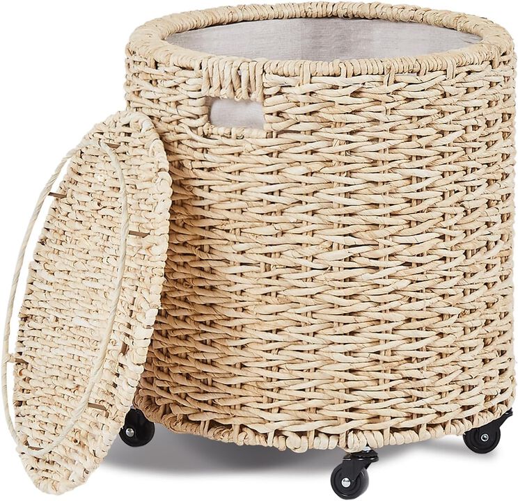 Woven Rolling Storage Hamper with Brakable Wheels, Vintage Laundry Basket and Toy Organizer for Home