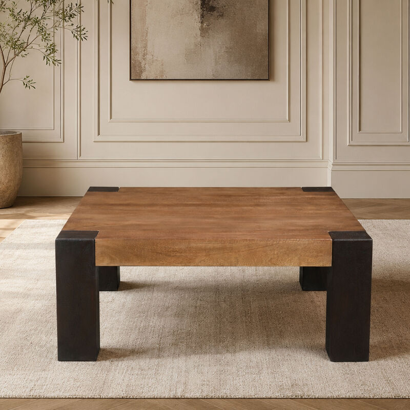 Kisa 44 Inch Square Coffee Table, Sandblasted Block Legs, Coffee Brown Mango Wood image number 5