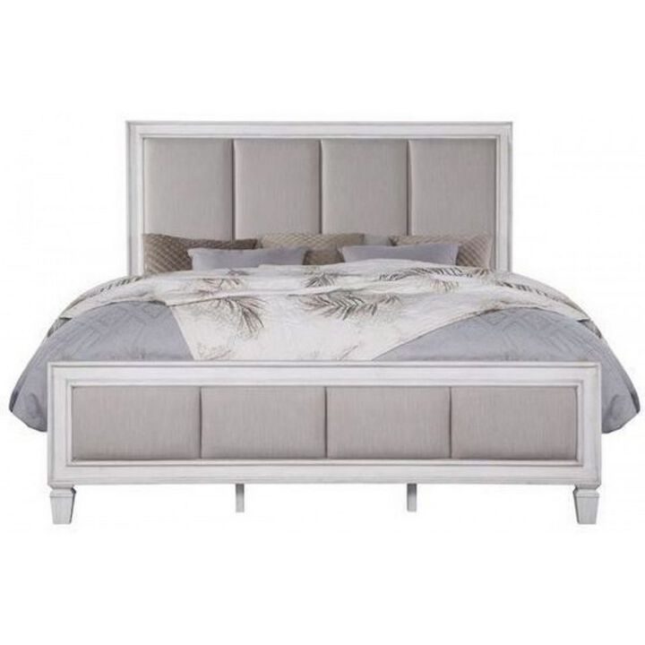 Queen Bed with Channel Tufted Fabric Padding, White and Gray