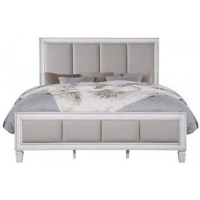 Queen Bed with Channel Tufted Fabric Padding, White and Gray