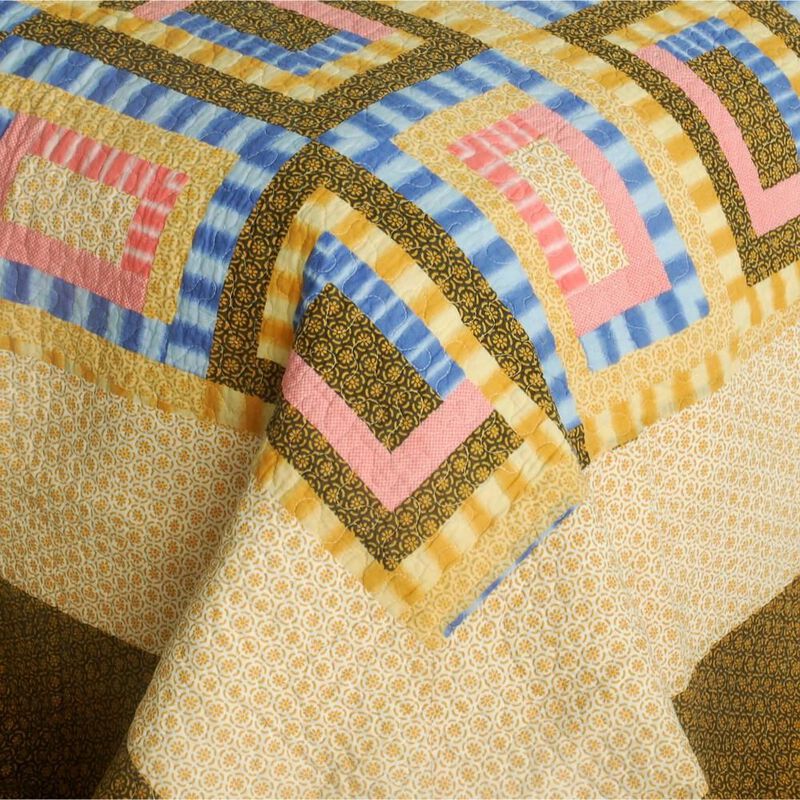 3 Piece Queen Size Cotton Printed Quilt Set with Vermicelli Quilted Dream High Design-Yellow image number 2
