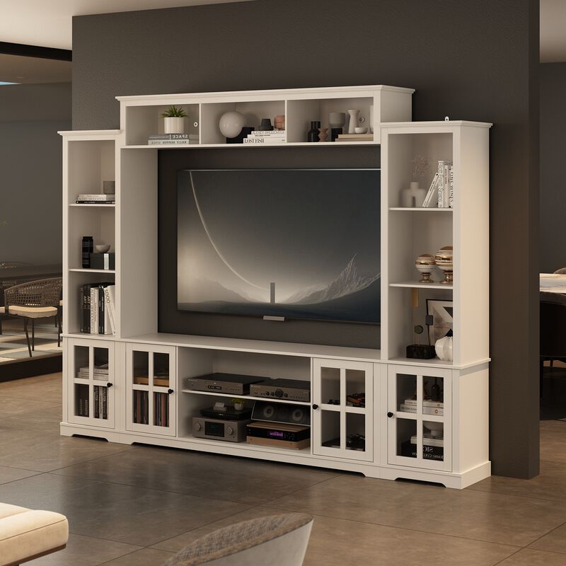 White Wooden TV Stand Fits TV's up to 75 in. with Open Shelves and Tempered Glass Door Cabinet