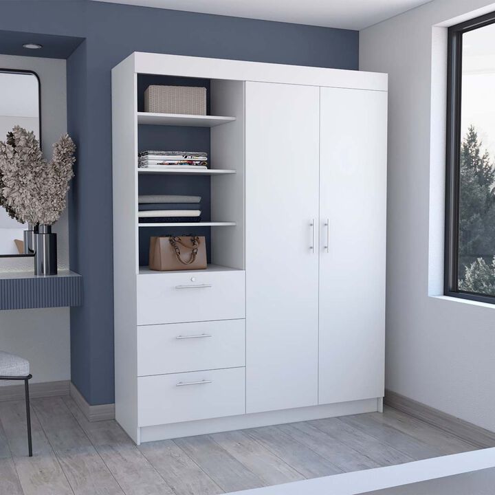 Kenya 3 Drawers Armoire, Double Door, 3-Tier Shelf -White