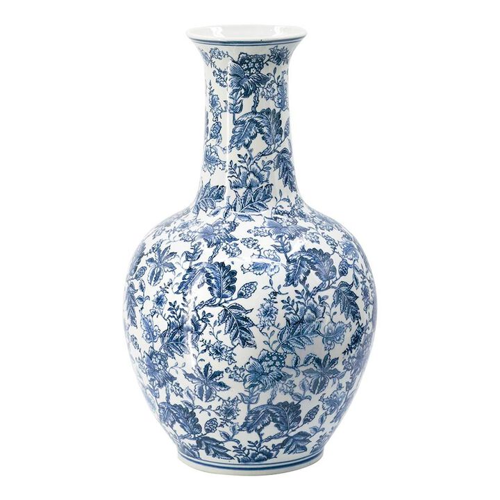 HomeRoots 24" Blue And White Floral Curved Porcelain Table Vase