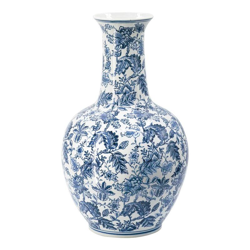 HomeRoots 24" Blue And White Floral Curved Porcelain Table Vase image number 0