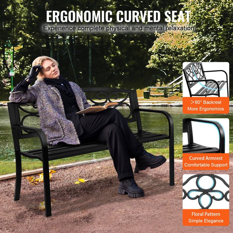 Patio Garden Bench, Metal Outdoor Bench with Backrest & Armrests for Porch Yard image number 4