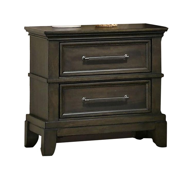 Ston 26 Inch Nightstand, 2 Drawers, Pewter Handles, Crown Mold, Wood, Gray - Benzara
