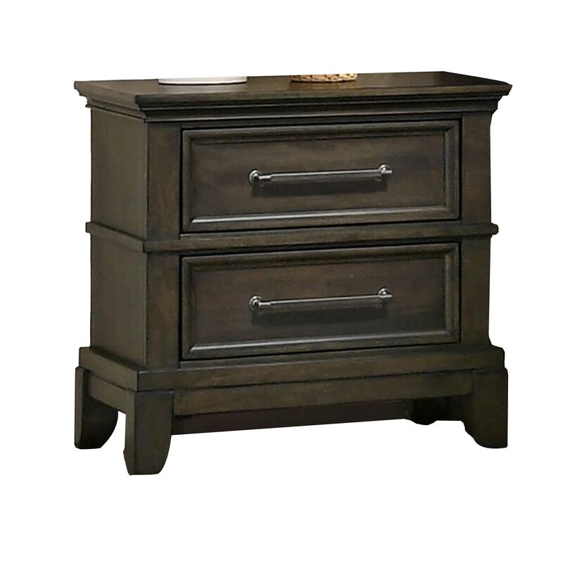 Ston 26 Inch Nightstand, 2 Drawers, Pewter Handles, Crown Mold, Wood, Gray - Benzara