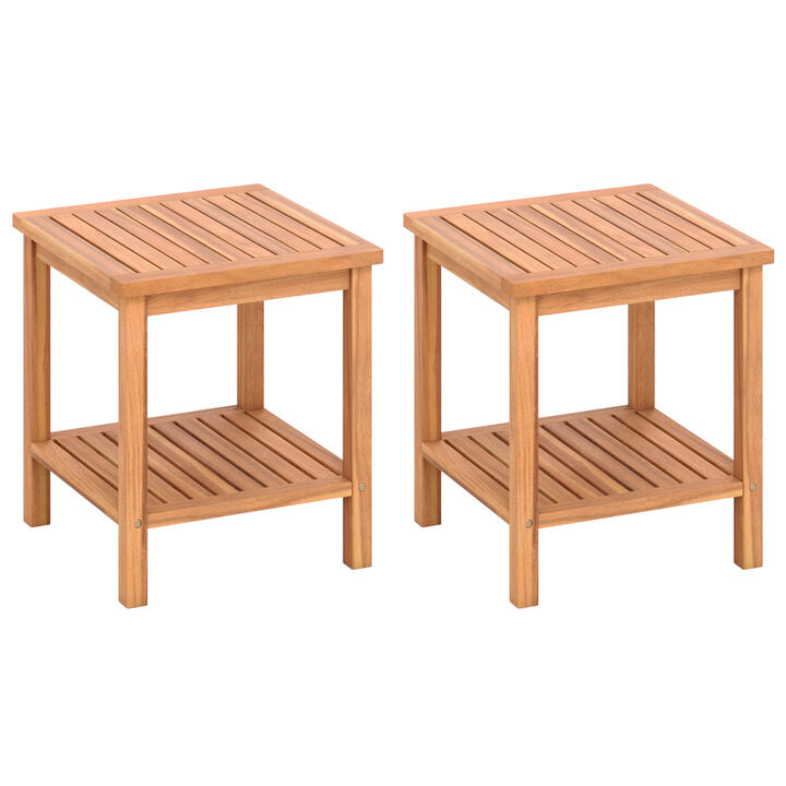 Set of 2 Acacia Wood Patio Side Tables with Slatted Tabletop and Storage Shelf