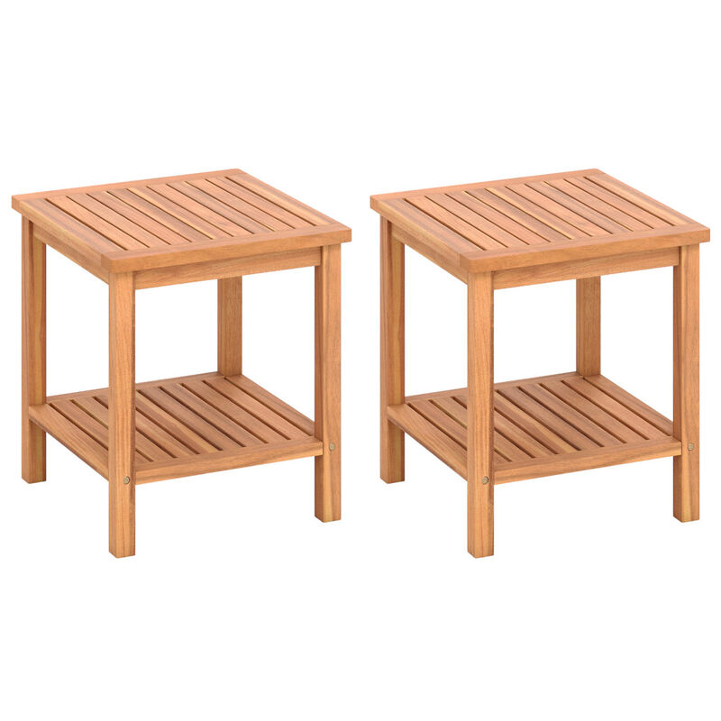 Set of 2 Acacia Wood Patio Side Tables with Slatted Tabletop and Storage Shelf image number 0