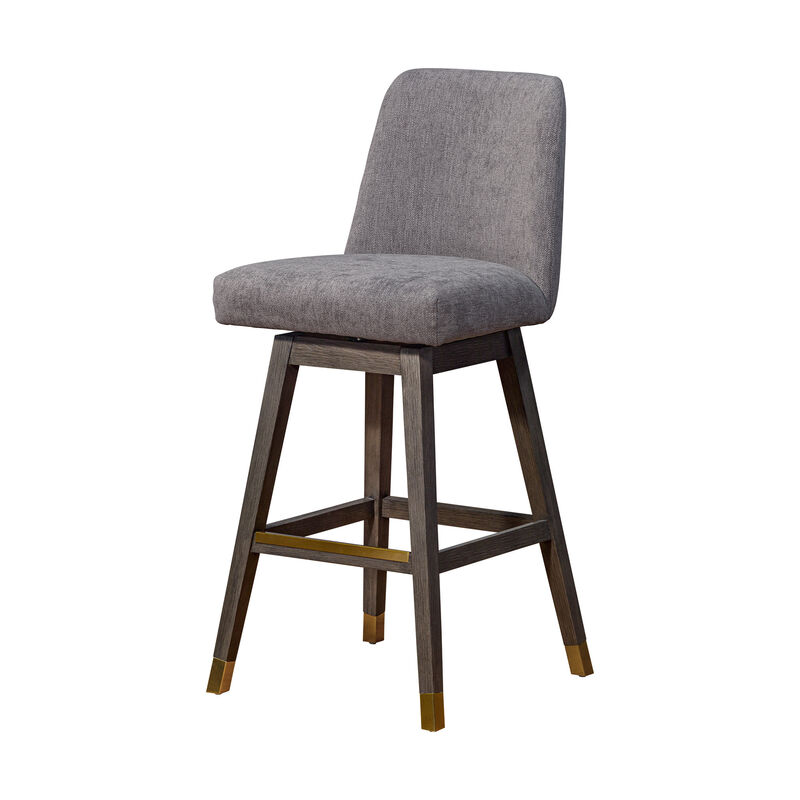 HomeRoots 30" Gray And Brown Fabric And Solid Wood Bar Height Swivel Bar Chair image number 4