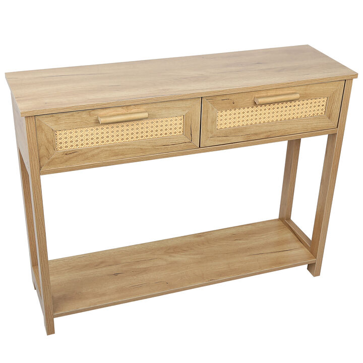 Console Table with 2 Drawers, Sofa Table, Entryway Table with open Storage Shelf, Narrow Accent Table with rattan design for Living Room/Entryway/Hallway, Natural Color