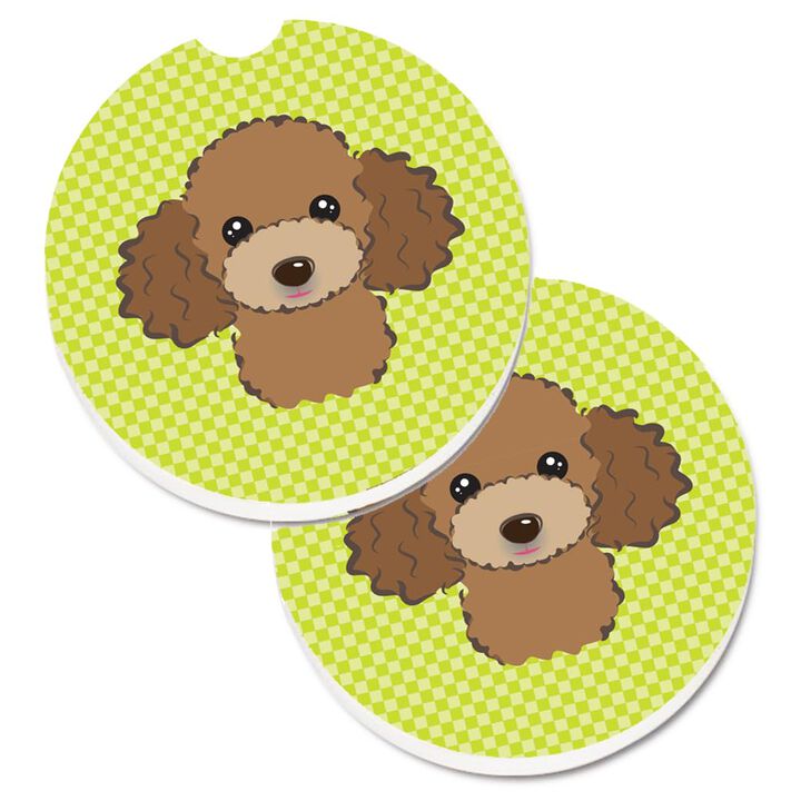 Caroline's Treasures Checkerboard Lime green Chocolate Brown Poodle Set of 2 Cup Holder Car Coasters BB1318CARC, 2.56, Multicolor