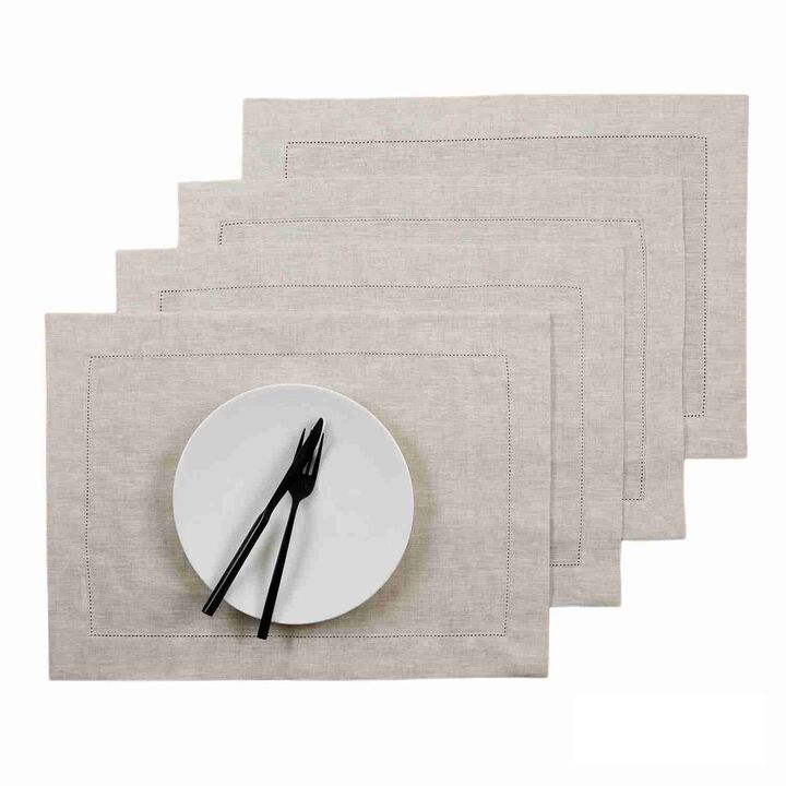 Solino Home 100% Pure Linen Placemats 14 x 19 Inch Set of 6 - Classic Hemstitch