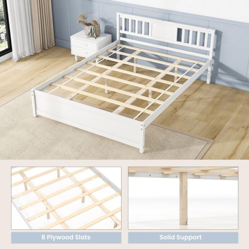 Hivvago Wooden Platform Bed with Headboard and Wood Slat Support White-Queen Size