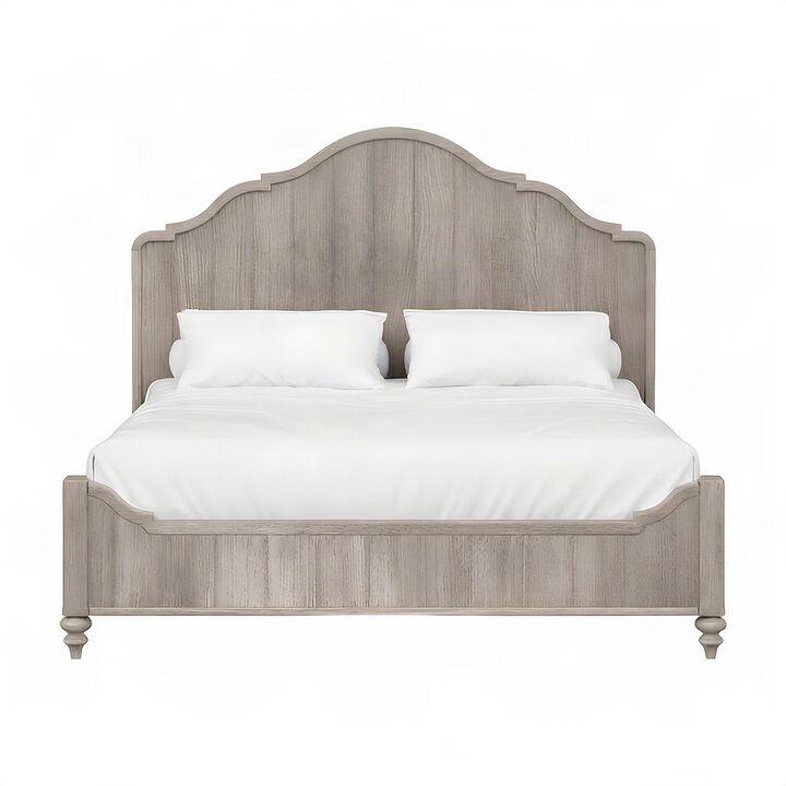 Rubberwood Queen Platform Bed with Panel Headboard, Wood Slats, Sand
