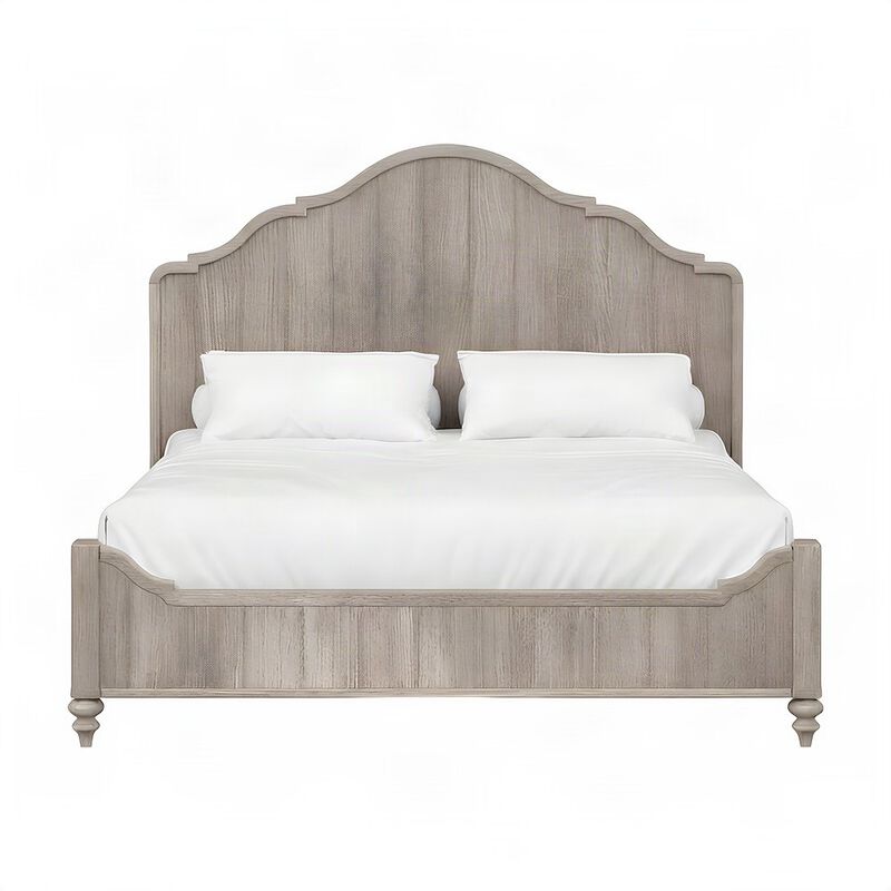 Rubberwood Queen Platform Bed with Panel Headboard, Wood Slats, Sand image number 1