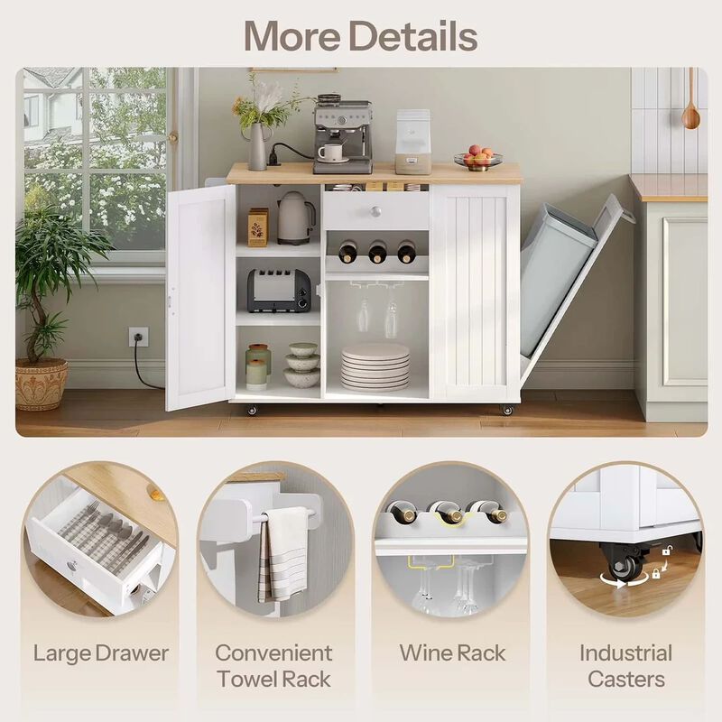 Portable Kitchen Island with Charging Station and Built-In Trash Cabinet-White image number 8