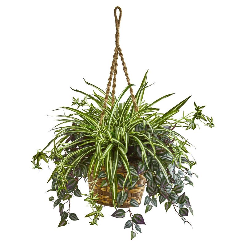 Nearly Natural 30-inWandering Jew & Spider Artificial Plant in Hanging Basket