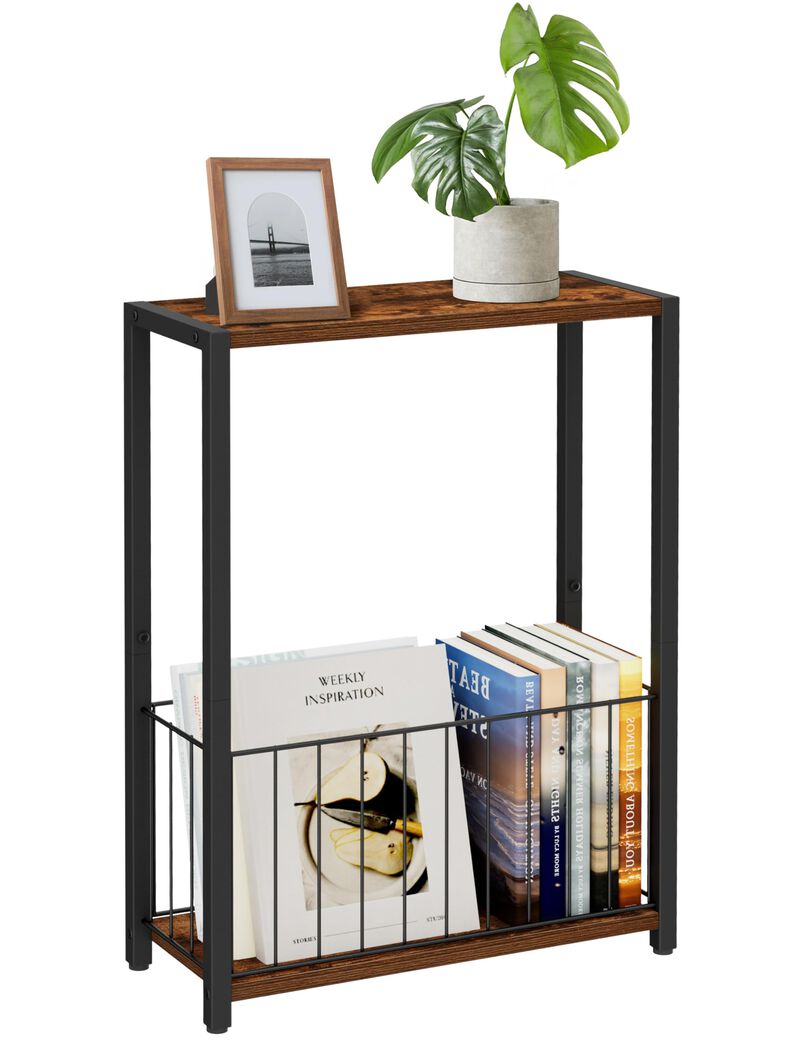 Homleke Narrow Side Table with Magazine Holder, Skinny End Table Perfect for Small Spaces, Space-Saving Design for Living Room,