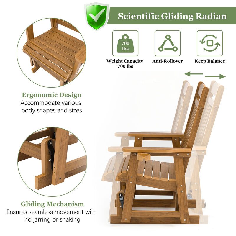 Poly Lumber Patio Glider for One Person, Ergonomic Deep Seat and High Backrest, with Removable Cup Holders, Wood-Like Pattern, Heavy Duty 700 LBS, for Outdoor Patio Garden Yard (Teak)