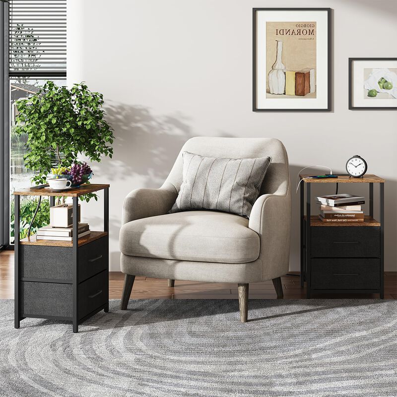 TUTOTAK End Table with Charging Station, Side Table with 2 USB Ports and Outlets, Nightstand with Cloth Drawer, Set of 2, Couch