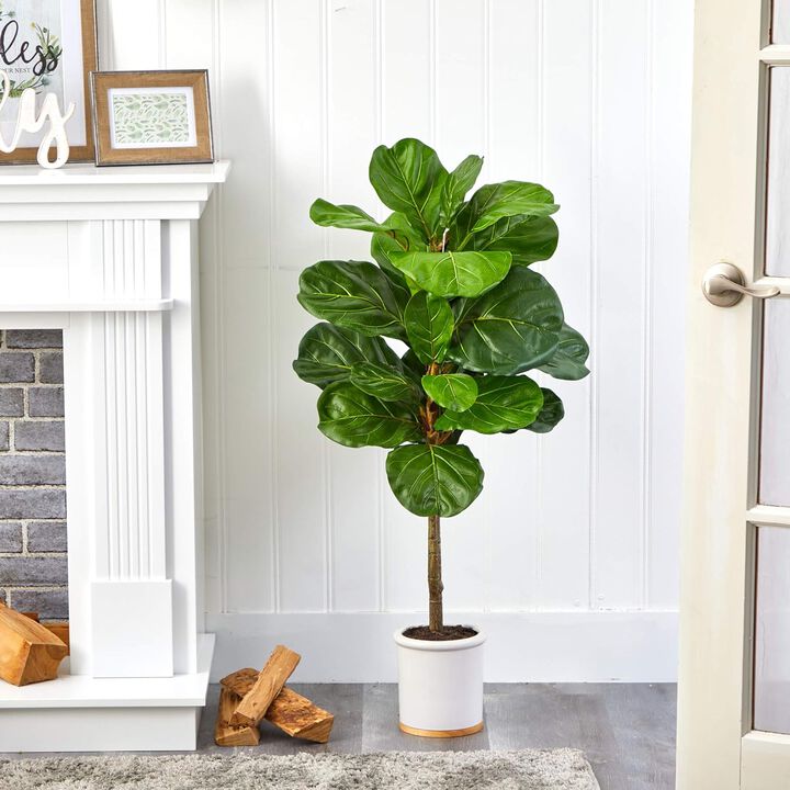 Hivvago 3.5 Feet Fiddle Leaf Artificial Tree in White Ceramic Planter
