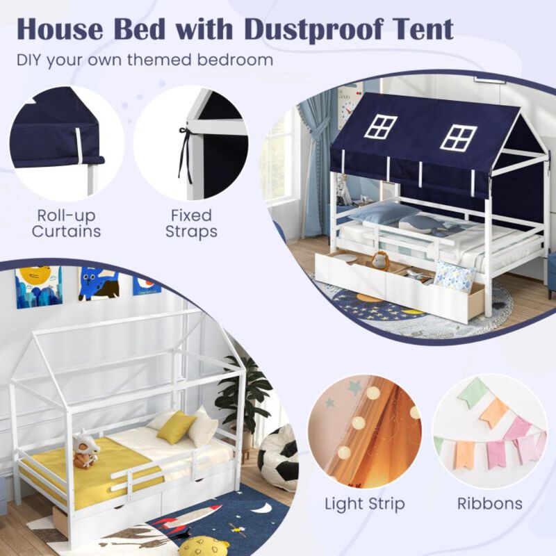 Hivvago Twin House Bed with Tent and 2 Storage Drawers for Kids