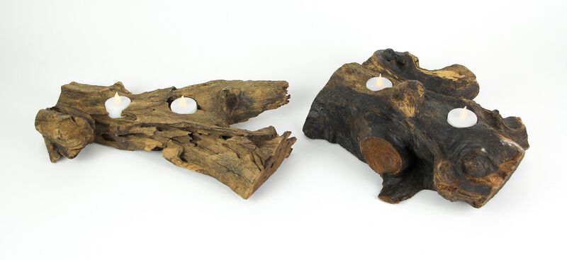 Set of 2 Natural Gamal Root Wood Double Tealight Candle Holders - Large image number 1