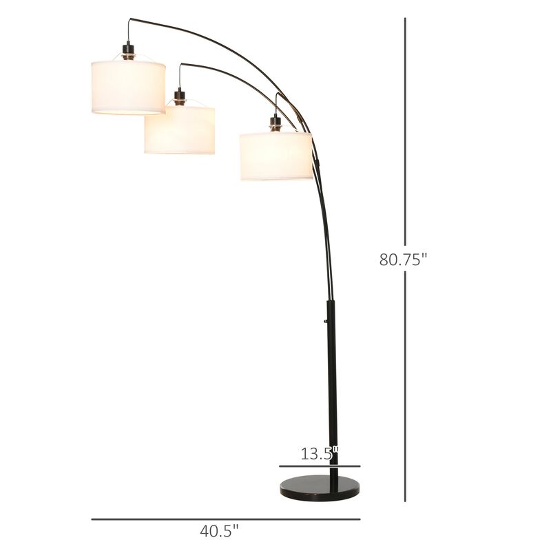 Contemporary Trilage Arc Floor Lamp with 3 Hanging Drum Shape Lampshade Steel Pole and Marble Round Base for Living Room Bedroom Black/White