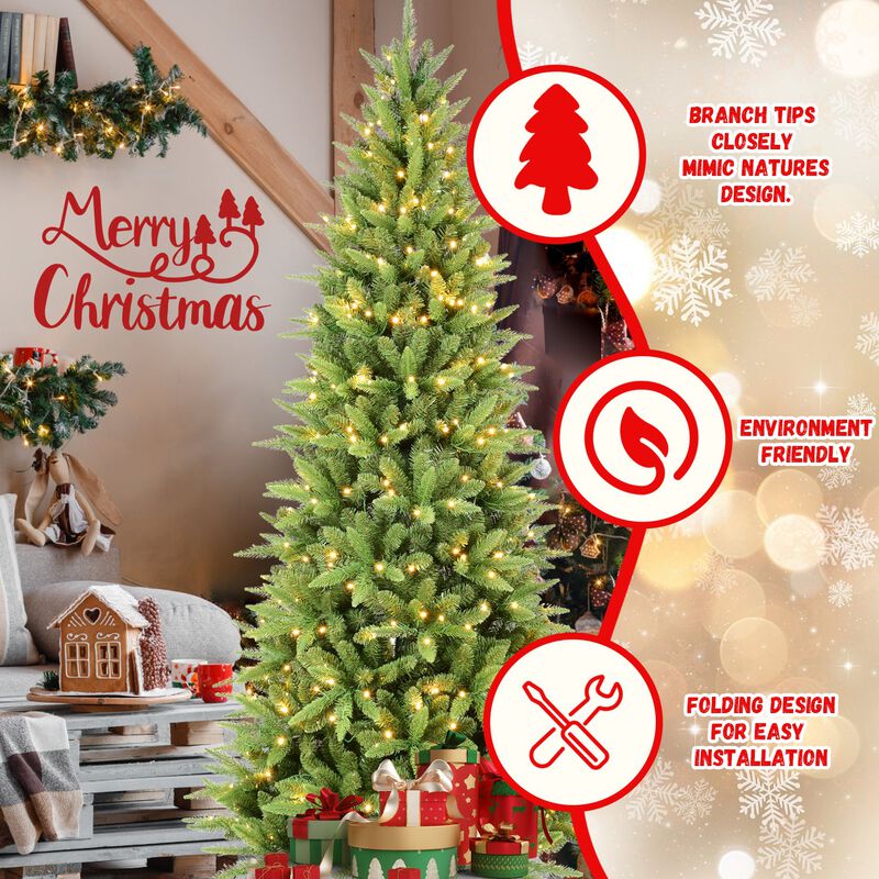 7 ft. Slim Christmas Tree Pre Lit with 400 Warm White LED Lights 1180 Tips PE PVC Hinged