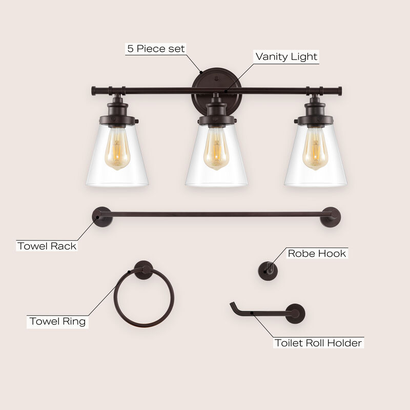 Hollis 23.75" 3-Light Traditional Farmhouse Vanity Light with Bathroom Hardware Accessory 5-Piece Set