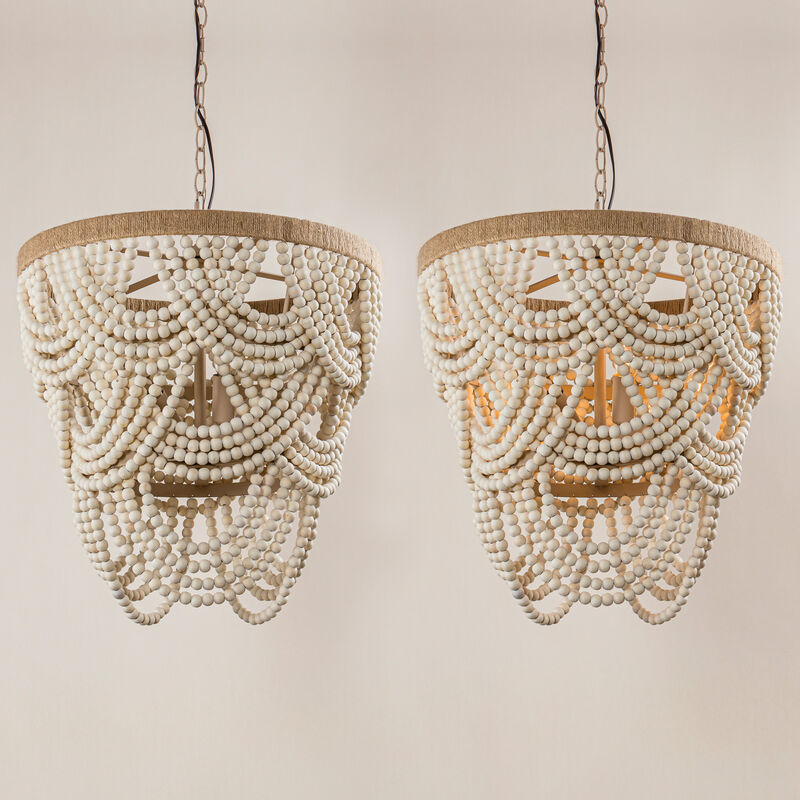 4-Light Bohemian Natural Wood Beaded 3 Tiered Chandelier