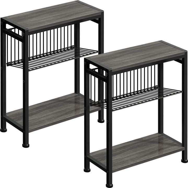 Small End Table Set of 2 for Small Space, 3-Tier Narrow Side Table with Magazine Holder,Small Nightstand, Skinny Snack Couch Tab