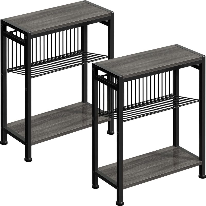 Small End Table Set of 2 for Small Space, 3-Tier Narrow Side Table with Magazine Holder,Small Nightstand, Skinny Snack Couch Tab