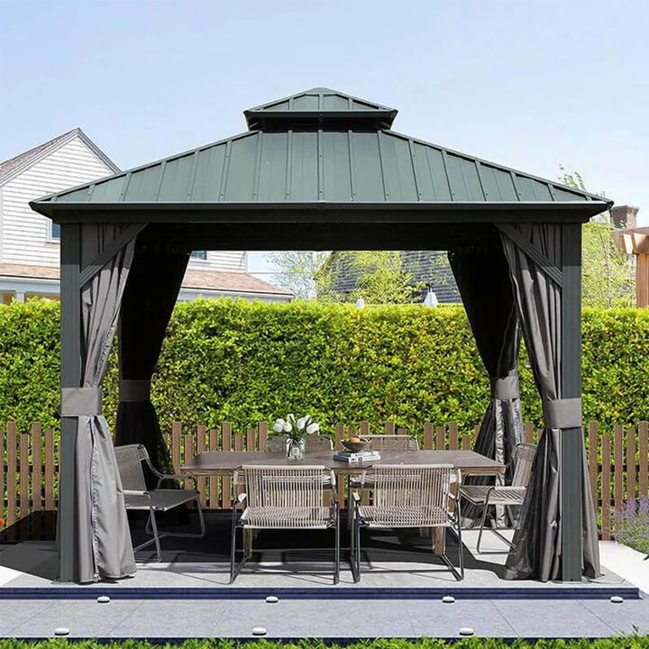 MONDAWE Outdoor 10 x 10 ft Hardtop Gazebo Aluminum Frame Permanent Galvanized Steel Double Roof Canopy with Curtain and Netting Parties, Wedding, Outdoor Dining